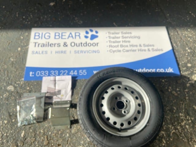 Spare wheel, tyre & mounting bracket for Brenderup trailers